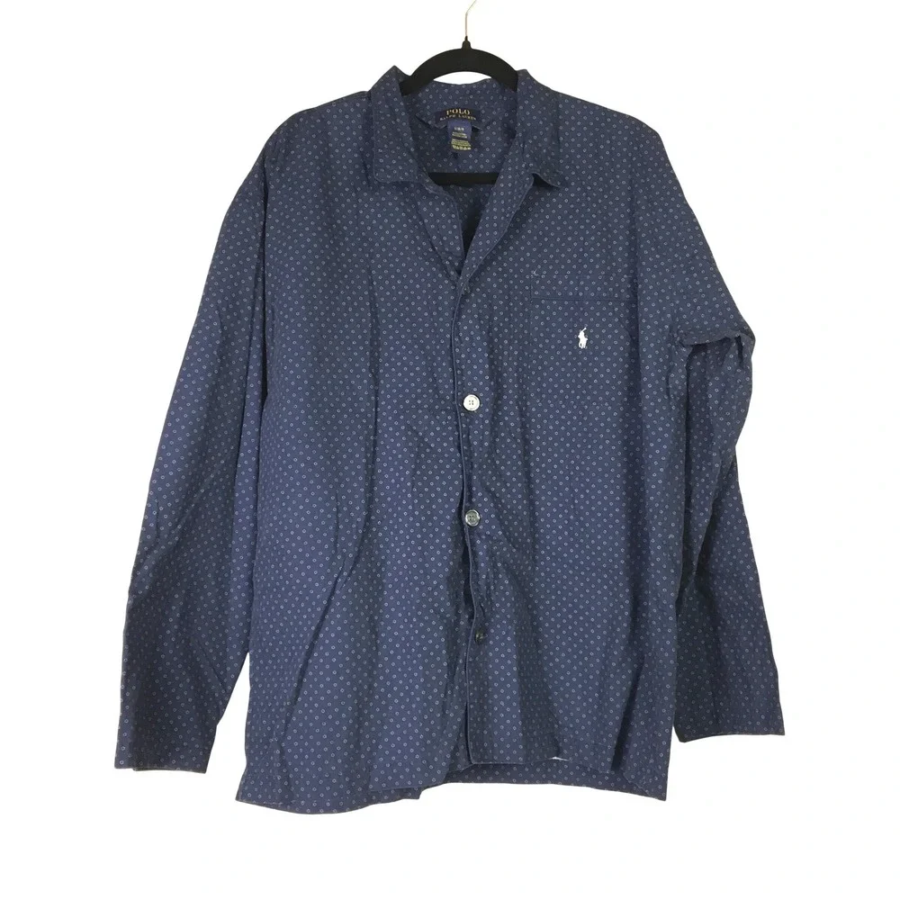 Polo Ralph Lauren‎ Navy Blue Geometric Print Cotton Button Down PJ Shirt Men's L